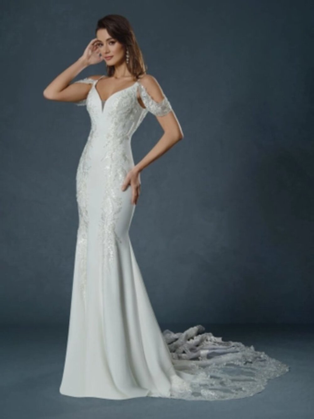 Stella Couture Style 24555 Wedding Dress Size 8 Train Mermaid Style Off Shoulder